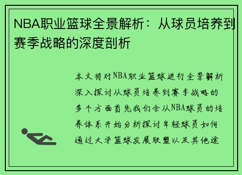 NBA职业篮球全景解析:从球员培养到赛季战略的深度剖析