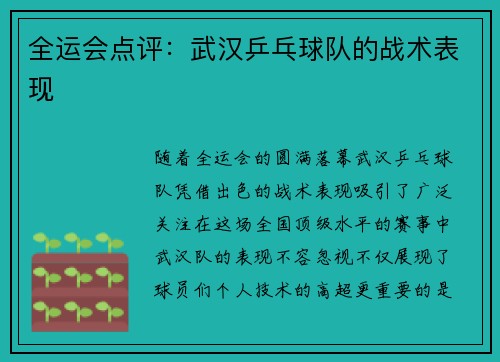 全运会点评:武汉乒乓球队的战术表现