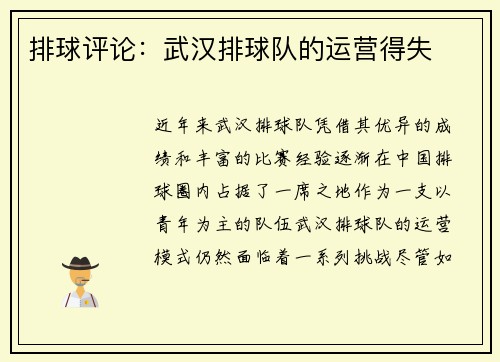 排球评论:武汉排球队的运营得失