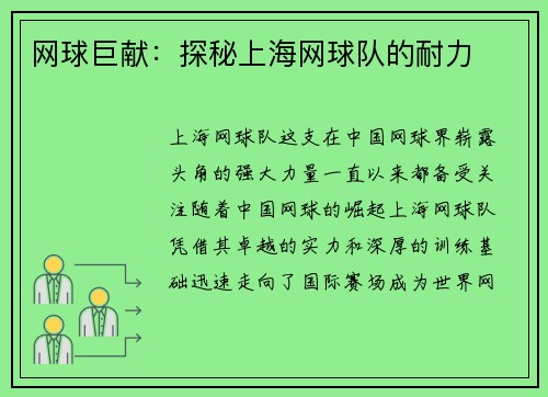 网球巨献:探秘上海网球队的耐力