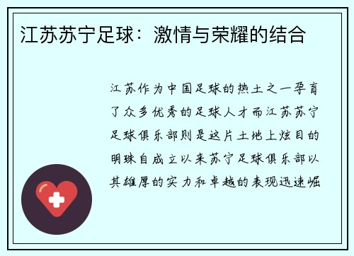 江苏苏宁足球:激情与荣耀的结合
