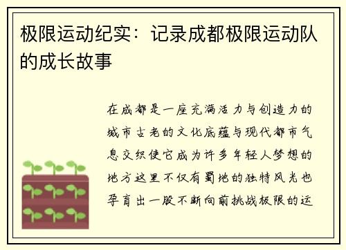 极限运动纪实:记录成都极限运动队的成长故事
